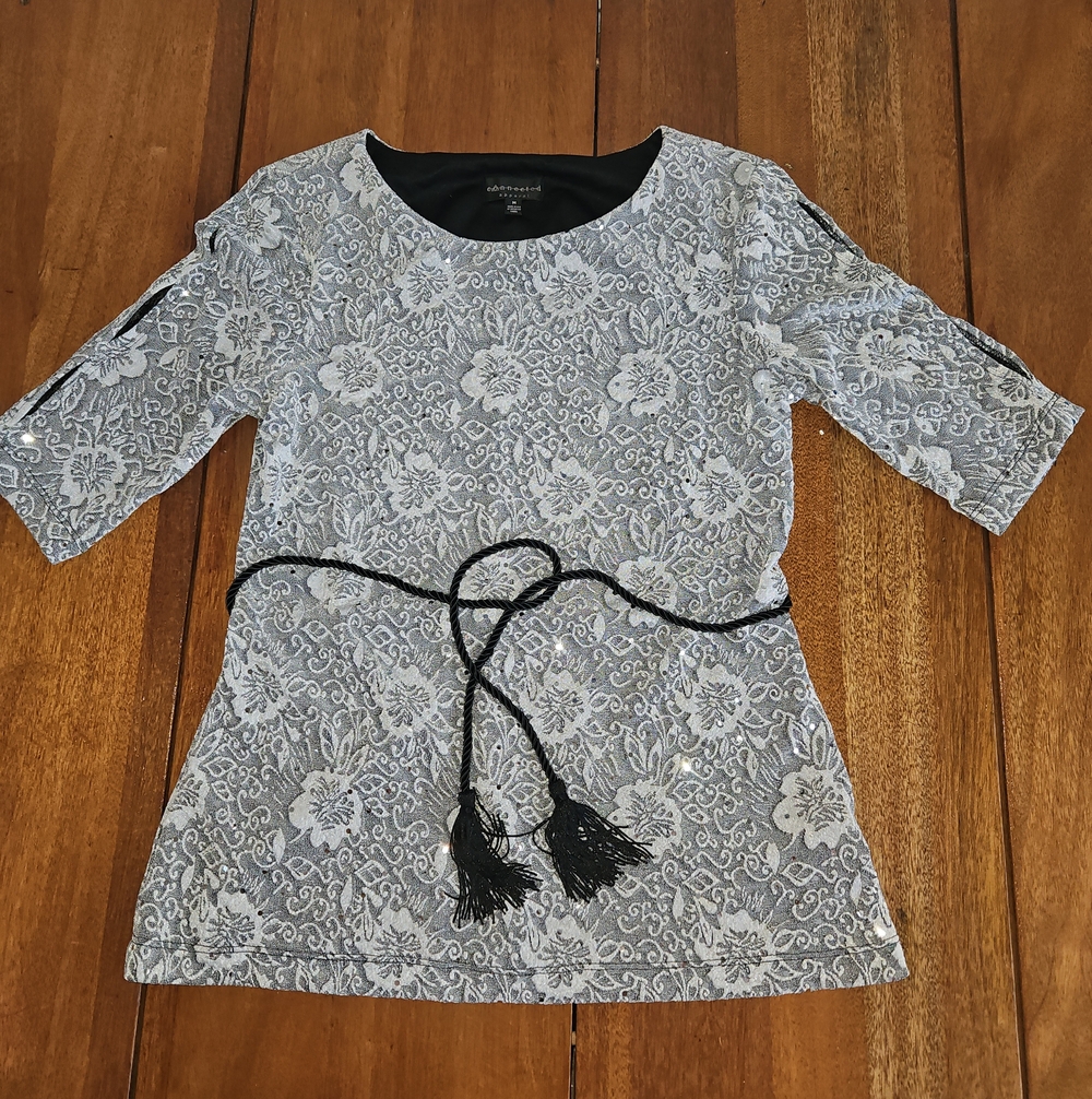 Connected Apparel Silver and White Sequin Floral Top